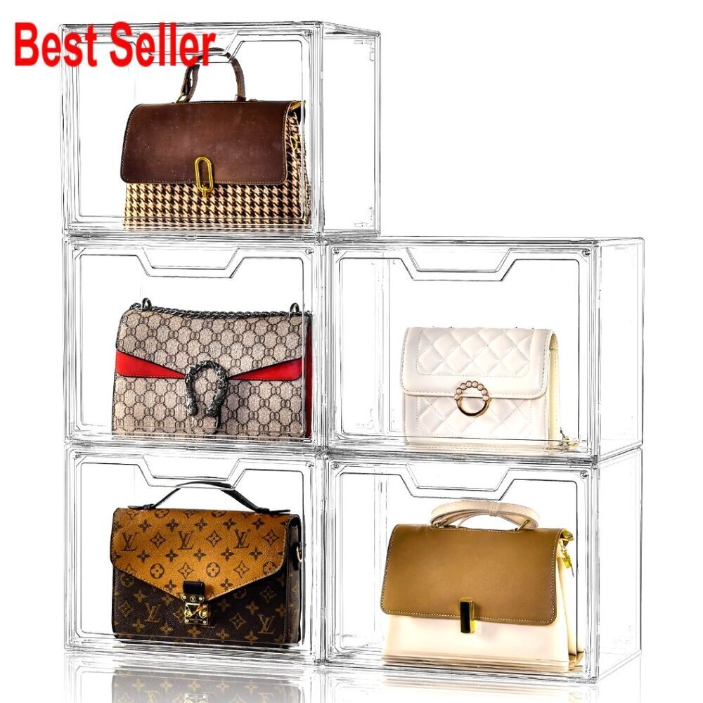 Clear Acrylic Purse Organizer Display Case with Magnetic Door, 5 Pack
